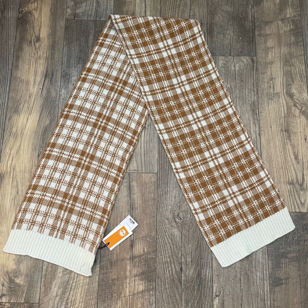 Timberland Plaid Knit Scarf Brown White Classic Check Warm Winter Accessory